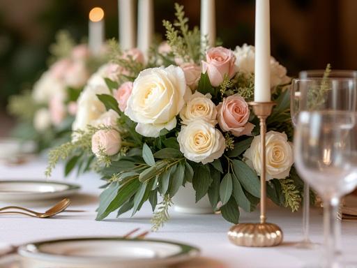 Detalle de un centro de mesa floral exquisito en una boda.