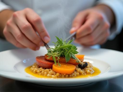 Chef profesional emplatando un plato gourmet para un evento de boda.